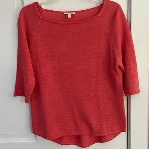 Eileen Fisher 100% Organic Linen Knit Square Neck 3/4 Sleeve Coral Shirt Small
